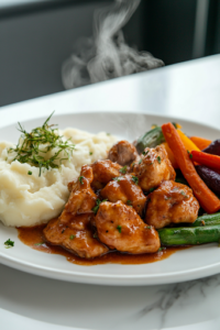 A close-up shot of a plate of garlic butter chicken served hot with a side of roasted vegetables and mashed potatoes on a white marble countertop. Steam rises, highlighting the dish’s fresh, savory appeal, ready to be enjoyed.
