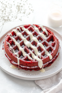 A stack of beet oat waffles or pancakes on a plate, topped with fresh fruit, maple syrup, and a sprinkle of cacao powder, ready to be enjoyed