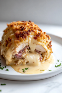 A serving spoon lifting a portion of fully cooked Slow Cooker Chicken Cordon Bleu from the slow cooker. The melted cheese oozes between the layers, while the crispy golden stuffing topping adds a perfect crunch.