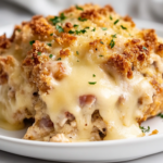 A serving spoon lifting a portion of fully cooked Slow Cooker Chicken Cordon Bleu from the slow cooker. The melted cheese oozes between the layers, while the crispy golden stuffing topping adds a perfect crunch.