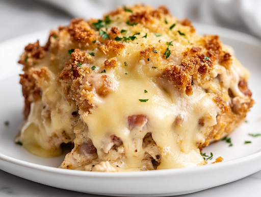 A serving spoon lifting a portion of fully cooked Slow Cooker Chicken Cordon Bleu from the slow cooker. The melted cheese oozes between the layers, while the crispy golden stuffing topping adds a perfect crunch.