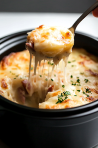 A close-up shot of a spoonful of creamy, cheesy scalloped potatoes with ham being lifted from the black slow cooker on the white marble cooktop. The melted cheese stretches slightly, highlighting the rich, comforting texture of this homemade dish.