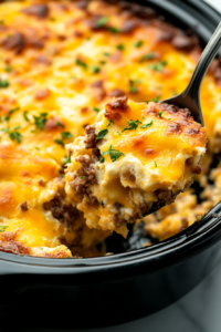 A serving spoon lifting a portion of the finished breakfast casserole from the black slow cooker on a white marble cooktop, showing the gooey cheese, fluffy eggs, and crispy hash browns