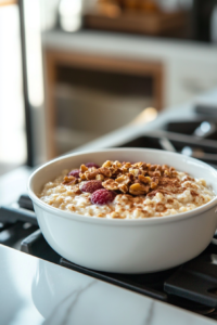 A white ceramic bowl on the white marble cooktop, filled with warm, creamy oatmeal. A sprinkle of brown sugar melts on top, with fresh fruit, nuts, and cinnamon as optional toppings.
