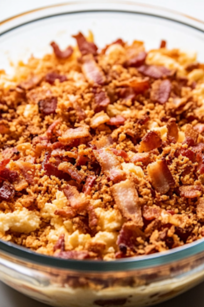 A close-up shot of crispy crumbled bacon being scattered over the cheddar cheese layer in the glass serving bowl on the white marble cooktop. The final layer is complete, ready to be chilled before serving.