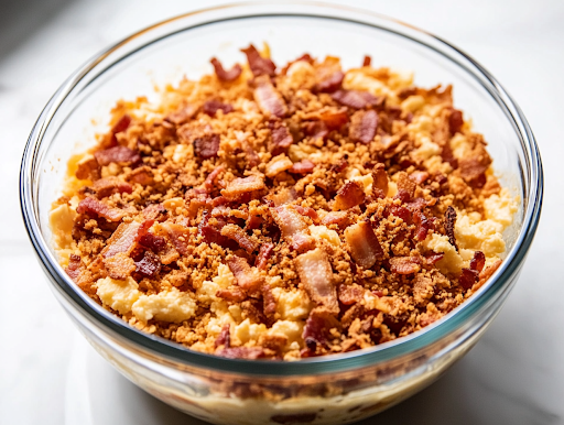 A close-up shot of crispy crumbled bacon being scattered over the cheddar cheese layer in the glass serving bowl on the white marble cooktop. The final layer is complete, ready to be chilled before serving.