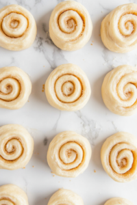 Each dough spiral sitting on a greased cookie sheet, with a spoon carefully placing the cream cheese mixture in the center.
