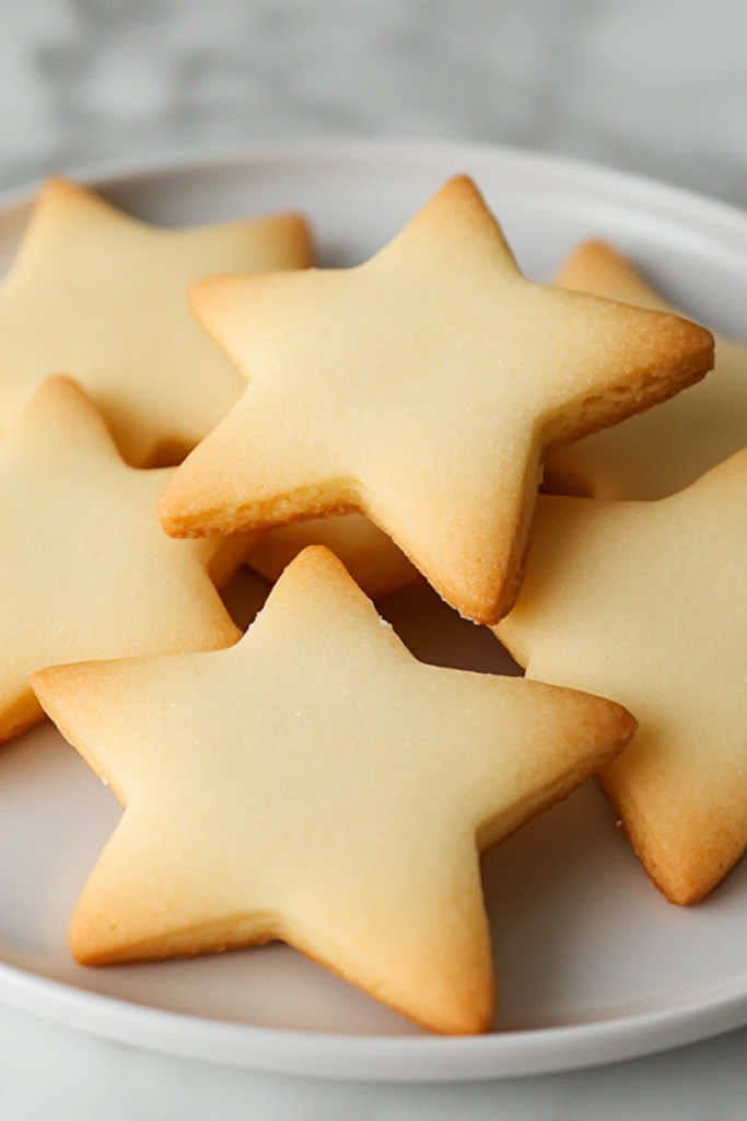 A serving plate with golden shortbread cookies on the white marble cooktop,