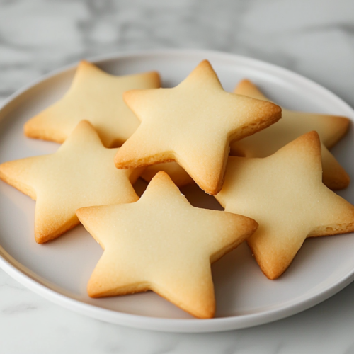 A serving plate with golden shortbread cookies on the white marble cooktop,