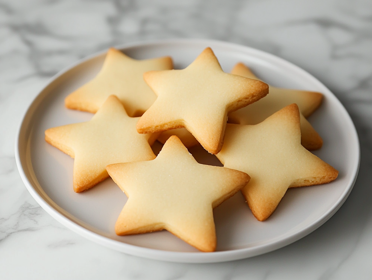 A serving plate with golden shortbread cookies on the white marble cooktop,