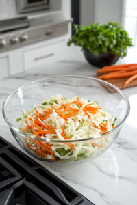 A close-up shot of a large glass mixing bowl on a white marble cooktop, filled with freshly shredded green cabbage and vibrant orange carrots, creating a crisp and colorful salad base for the Asian slaw.