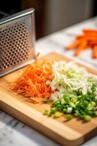 A close-up shot of the same wooden cutting board on a white marble cooktop, now with a small pile of freshly shredded carrot and chopped green onions placed beside the chopped cabbage. A box grater with carrot shavings is seen in the background.