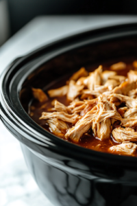 A black slow cooker on a white marble cooktop, with two forks shredding the tender, slow-cooked chicken. The chicken effortlessly pulls apart, becoming juicy and ready to be mixed back into the simmering chili for added texture and flavor.