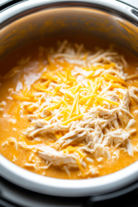 A close-up of freshly cooked chicken being shredded with two forks inside the Instant Pot. The tender, juicy chicken effortlessly pulls apart, absorbing the flavorful broth for a rich and moist texture.