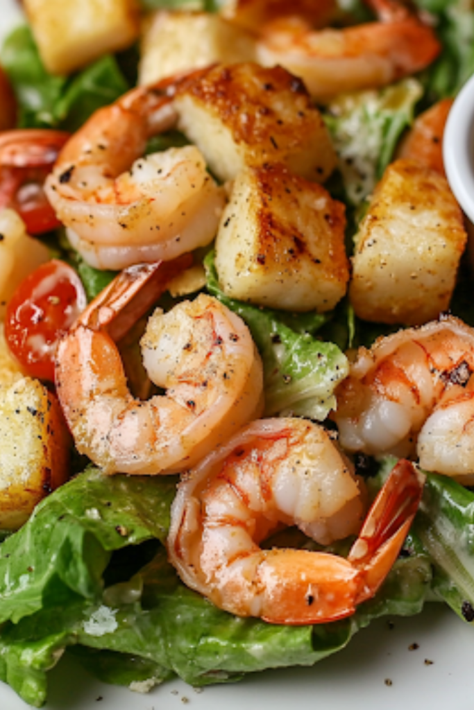 A final plated shot of the Shrimp Caesar Salad served on a white plate with a small cup of dressing on the side. A fork rests on the plate, and a refreshing café latte sits in the background, creating a balanced meal setting.