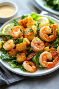 A final plated shot of the Shrimp Caesar Salad served on a white plate with a small cup of dressing on the side. A fork rests on the plate, and a refreshing café latte sits in the background, creating a balanced meal setting.