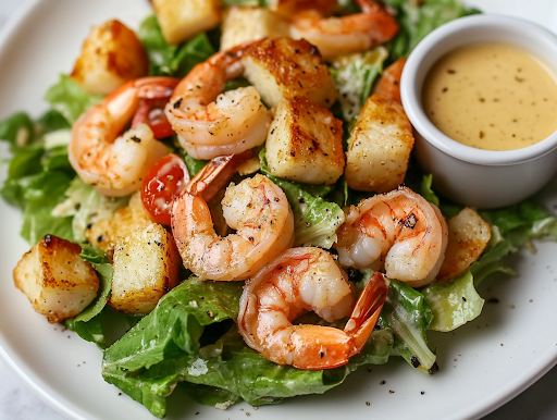 A final plated shot of the Shrimp Caesar Salad served on a white plate with a small cup of dressing on the side. A fork rests on the plate, and a refreshing café latte sits in the background, creating a balanced meal setting.