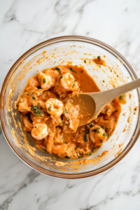 A close-up shot of the same glass mixing bowl on a white marble cooktop, now containing large shrimp. A wooden spoon stirs the shrimp, ensuring each piece is evenly coated in the vibrant, spiced yogurt marinade.