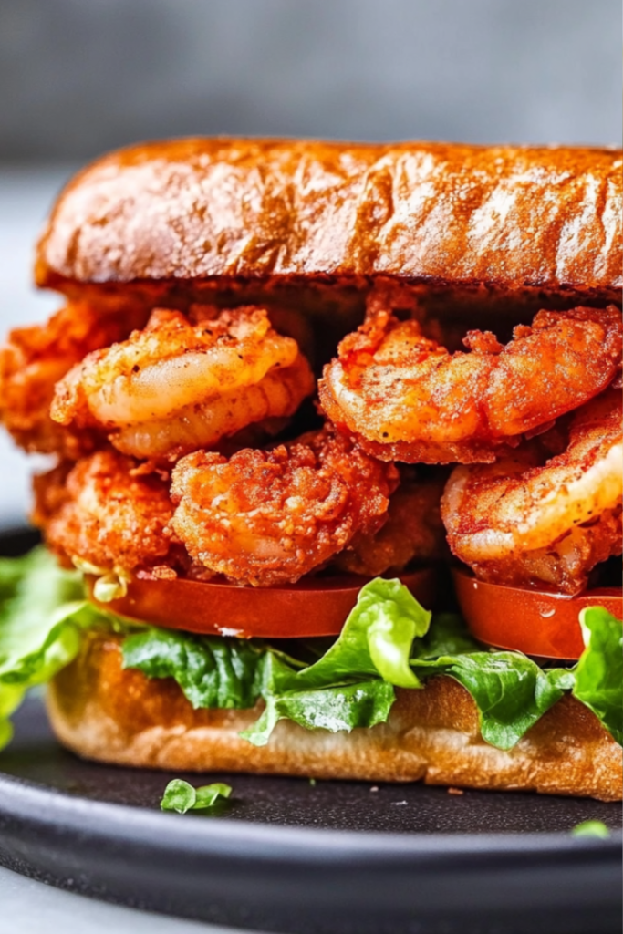 Close-up shot of a Cajun shrimp sandwich made with sub roll bread pressed together on a serving plate, with crispy fried shrimp, lettuce, tomato, and a generous layer of remoulade. The sandwich is ready to be served with hot sauce and a cold beer on the side.