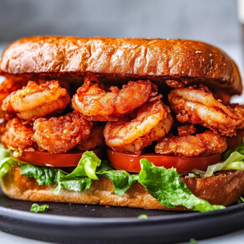 Close-up shot of a Cajun shrimp sandwich made with sub roll bread pressed together on a serving plate, with crispy fried shrimp, lettuce, tomato, and a generous layer of remoulade. The sandwich is ready to be served with hot sauce and a cold beer on the side.