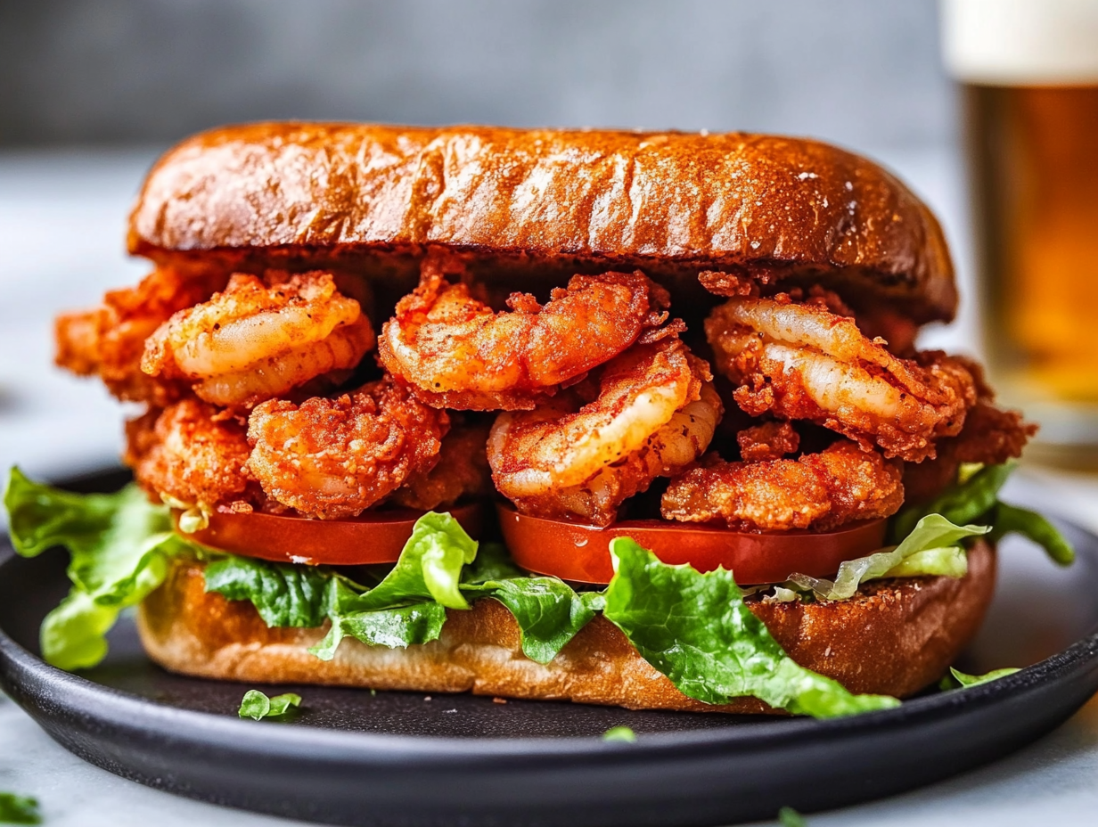 Close-up shot of a Cajun shrimp sandwich made with sub roll bread pressed together on a serving plate, with crispy fried shrimp, lettuce, tomato, and a generous layer of remoulade. The sandwich is ready to be served with hot sauce and a cold beer on the side.