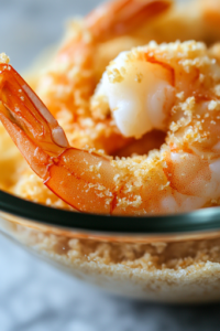 A close-up shot of a shrimp being dipped into a bowl of seasoned almond flour mixture. The shrimp is lightly coated, and a person’s fingers gently shake off the excess, ensuring an even layer before moving to the next step. The texture of the flour is visible, highlighting its fine consistency.