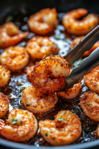 A close-up shot of shrimp sizzling in a skillet filled with hot avocado oil. The golden-brown coconut crust is forming a crispy outer layer. A pair of tongs carefully flips one shrimp while the others continue frying, their edges curling slightly as they crisp up in the oil.