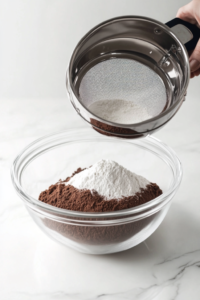 Close-up shot of a large mixing bowl on a white marble countertop, with cake flour, cocoa powder, sugar, baking powder, and salt being sifted together, creating a light and airy texture