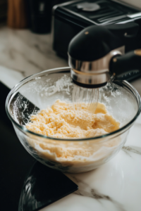 Close-up shot of a glass mixing bowl on the white marble cooktop, filled with eggs and golden caster sugar. An electric hand mixer is mid-whisk, creating a pale, mousse-like texture.