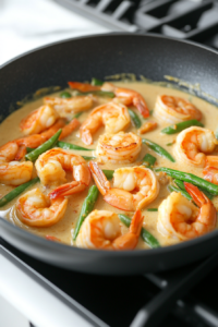 Coconut milk being poured into the pan with the cooked vegetables and curry powder, followed by seasoned shrimp. The mixture starts to come together in a creamy sauce.