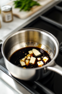 A close-up of a small stainless steel saucepan on a white marble cooktop, as butter melts and is whisked together with balsamic vinegar, honey, and minced garlic. The mixture simmers gently, thickening into a glossy, flavorful glaze for the pork loin.