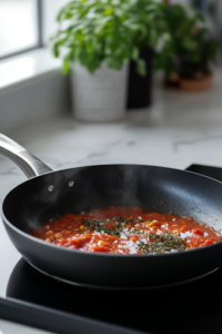 A close-up shot of the same black skillet on the white marble cooktop, now simmering with tomato sauce, tomato paste, salt, and oregano. The rich red sauce bubbles gently, blending with the browned meat, filling the kitchen with an aromatic mix of herbs and spices.