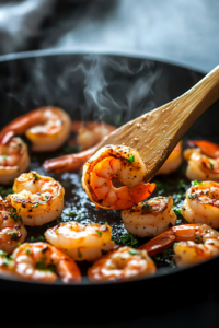 A side-angle shot of a black skillet with sizzling shrimp turning pink, as a wooden spatula flips one shrimp. Steam rises from the skillet, creating a fresh, cooked effect.