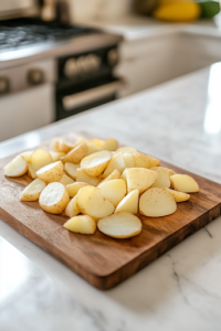 A close-up shot of a wooden cutting board on the white marble cooktop, with peeled and thinly sliced potatoes neatly arranged in a pile. A chef’s knife rests beside chopped onions and diced ham, all prepped and ready for the slow cooker.