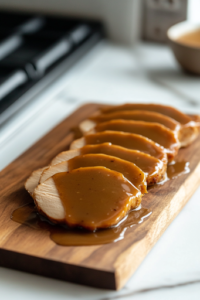 A close-up of a wooden serving board on a white marble cooktop, featuring thick, juicy slices of turkey breast drizzled with rich, homemade gravy. The golden-brown turkey is beautifully arranged, ready to be served and enjoyed.