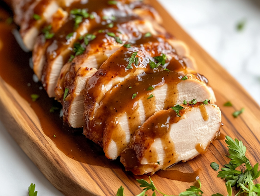 A close-up of a wooden serving board on a white marble cooktop, featuring thick, juicy slices of turkey breast drizzled with rich, homemade gravy. The golden-brown turkey is beautifully arranged, ready to be served and enjoyed.