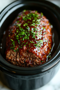 A close-up of a wooden cutting board on a white marble cooktop, as a freshly cooked meatloaf rests after being carefully lifted from the slow cooker. A sharp knife slices into the juicy, tender meatloaf, revealing a moist interior, with the rich glaze dripping down the sides, ready to be served.
