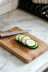 A close-up shot of a wooden cutting board on a white marble cooktop, with a sharp knife peeling and thinly slicing two fresh English cucumbers into delicate, even rounds, highlighting their crisp texture and vibrant green skin.