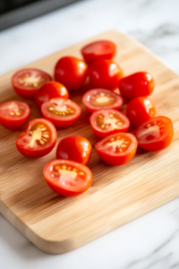 A close-up shot of a sharp knife slicing grape tomatoes in half on a wooden cutting board over the white marble cooktop, revealing their juicy, vibrant red flesh and glistening interior, ready to be used in the dish.