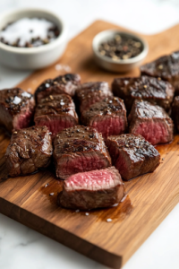 A close-up shot of a wooden cutting board on the white marble cooktop, where a sharp chef’s knife is slicing a sirloin steak into 1-inch bite-sized pieces. A small bowl of sea salt and black pepper sits nearby, ready for seasoning.