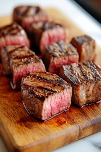 A close-up of a wooden cutting board on a white marble cooktop, as a sharp knife slices a thick top sirloin steak into bite-sized cubes. The marbled meat glistens under soft kitchen lighting, ready to be seasoned and slow-cooked.