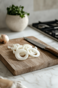A close-up shot of a sharp knife slicing a white onion into thin rings on a wooden cutting board over the white marble cooktop, with the crisp onion layers neatly arranged in a circular pattern, adding texture and mild sharpness to the dish.