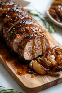 A close-up of a wooden serving platter on a white marble cooktop, as the tender pork loin is sliced into thick, juicy portions. A warm balsamic honey glaze is drizzled over the meat, while caramelized onions rest beside it, ready to be served.
