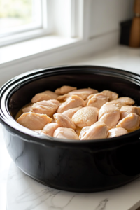 A black slow cooker sitting on a white marble cooktop, with raw boneless, skinless chicken breasts neatly arranged at the bottom, ready to absorb flavors for a delicious fajita dish.