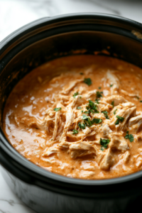 A black slow cooker on a white marble cooktop, as two packets of Italian dressing seasoning are evenly sprinkled over the chicken breasts, coating them with a blend of herbs and spices.