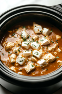 A black slow cooker on a white marble cooktop, with cubes of cream cheese placed on top of the chicken and sauce, ready to melt into a smooth, creamy mixture.