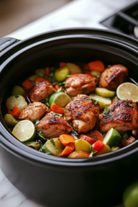 A black slow cooker on a white marble cooktop, as fresh lime juice is drizzled over the seasoned chicken and vegetables, followed by a touch of golden honey, adding a perfect balance of acidity and sweetness to the dish.