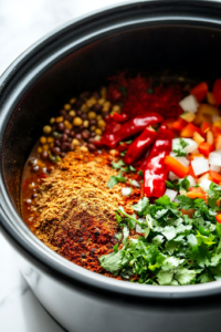 A black slow cooker on a white marble cooktop, featuring a colorful mixture of vegetables and chicken, now generously sprinkled with freshly minced garlic, chili powder, cumin, paprika, coriander, salt, and pepper, enhancing the dish with rich, aromatic spices.