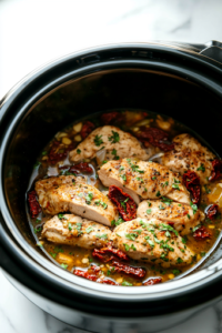 A black slow cooker on a white marble cooktop, as minced garlic, sun-dried tomatoes, and chicken broth are added on top of the seasoned chicken. The deep red sun-dried tomatoes contrast with the golden broth, creating a rich and aromatic base.