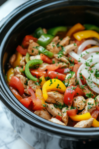 A black slow cooker on a white marble cooktop, now layered with vibrant diced tomatoes, sliced red, yellow, and green bell peppers, and thinly sliced onions resting on top of the chicken, creating a colorful and fresh fajita base.